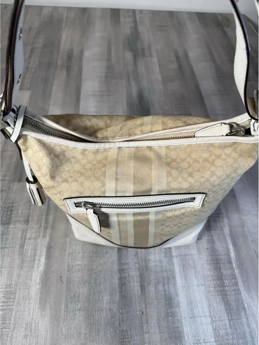 NCOACH LEGACY Khaki Ivory Signature Glitter Stripe Convertible Duffle Bag